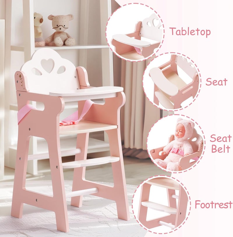 Robotime High Chair for Pretend Play, Wooden Baby Doll Furniture with Safety Belt and Footrest, Fits 18 Inch Dolls, Gift for Ages 3+, White/Pink - Image 3